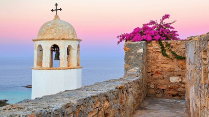 Sunset view of historic bell tower and bougainvillea coastal village photography serene atmosphere elevated perspective