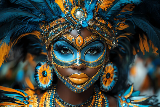 Vibrant carnival scene featuring colorful masks and feathers, creating a festive and lively atmosphere