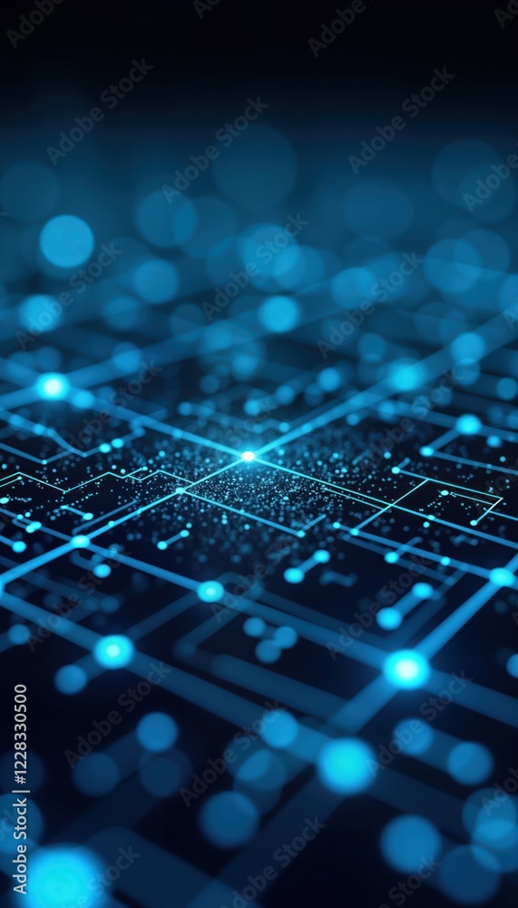 Poster Abstract futuristic tech background shows complex digital circuit board. Glowing blue lights create dynamic patterns. Modern design represents advanced tech. Complex tech structure suggests