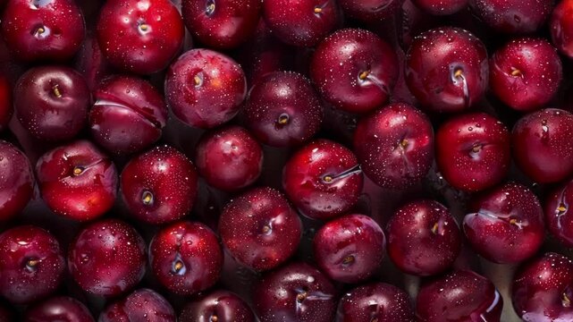 Fresh red plums in a pattern with water drops, looking juicy and delicious