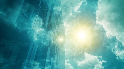 A modern office structure with blue sky as the backdrop and glass facades conveys ideas of economy and financial activities. The perspective is from below, with a blurred image.