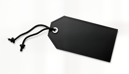 Blank black price tag with string. Empty tag ready for custom message. Isolated on white background. Retail product gift tag. Simple design for various uses. Potential for use in branding. Ideal for