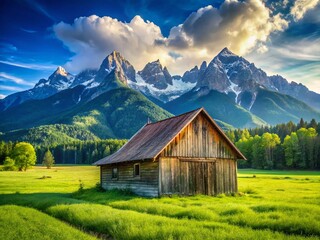 Obraz premium Rustic Wooden Barn in Mountain Meadow - Idyllic Countryside Landscape