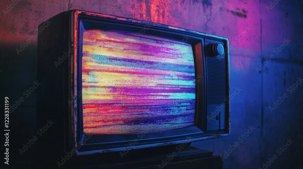 Poster retro television displaying colorful glitch patterns and static noise in an urban setting at night. 