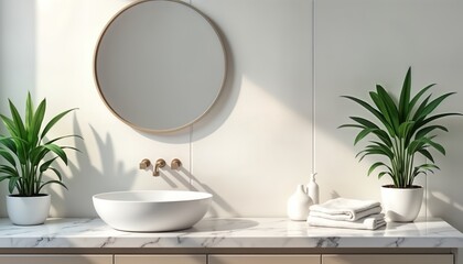 Modern white bathroom interior with marble countertop. Empty sink, towels and plants on a countertop. Calm and bright. Luxury design. Interior design photo