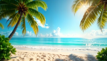 Fototapeta premium Beautiful sandy beach with calm turquoise water lagoon. Palm trees frame sunny blue sky. Perfect for summer vacation. Relaxing atmosphere, beautiful nature scenery. Ideal for relaxing tropical
