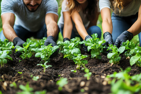 Volunteers planting saplings in a vibrant community park, promoting environmental sustainability and community engagement