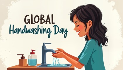 Young girl washes hands at sink. Illustration for Global Handwashing Day. Soap, water hygiene promotion. Public health awareness campaign. Cleanliness, sanitation. Educational poster. Promoting