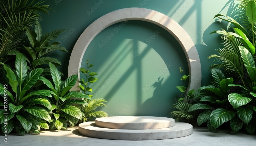 Poster empty podium for product display in natural green setting with rich foliage. light illuminates stone