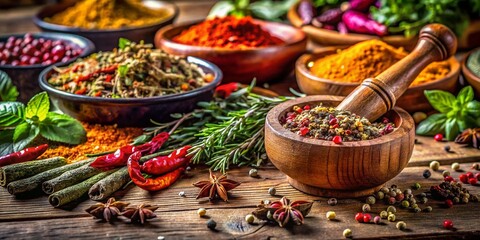 Fototapeta premium Rustic Wooden Table Macro Photography: Dried Herbs & Spices Preparation