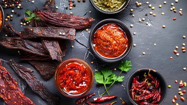Spicy beef jerky is lying on a dark table and surrounded by different sauces and spices. This composition is perfect for food bloggers and meat lovers