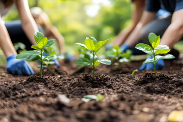 Diverse group of volunteers planting saplings in a community park, promoting environmental sustainability and community engagement