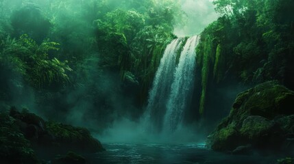 Lush rainforest waterfall cascading, misty jungle background, nature serenity