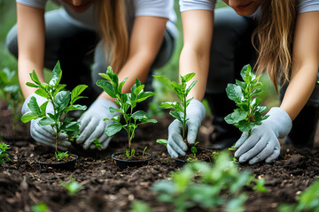 Fototapeta premium Diverse group of volunteers planting saplings in a community park, promoting eco-friendly practices and environmental conservation