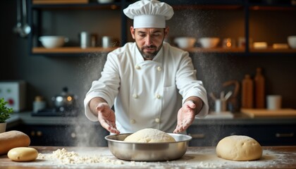 Pro chef in white uniform prepares dough in kitchen. Flour is flying as chef carefully dusts dough ball in metal bowl. Baking process is in progress. Focus is on food preparation. Culinary art scene.
