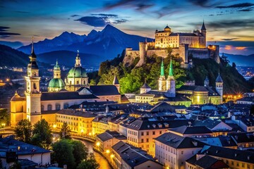 Fototapeta premium Salzburg Night Panorama: City Lights & Fortress Hohensalzburg
