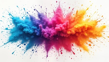 Vibrant colorful powder explosion mimics Holi celebration. Vivid hues create dynamic artistic design. Isolated on white background. Playful, joyful illustration. Watercolor effect adds artistic