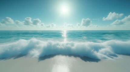 Waves crash gently on a serene beach under a bright sun