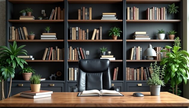 Professional office workspace. Modern desk setup. Bookshelves filled with books. Black leather chair. Wooden desk. Plants add touch of nature. Empty desk, great for zoom background. Ideal for