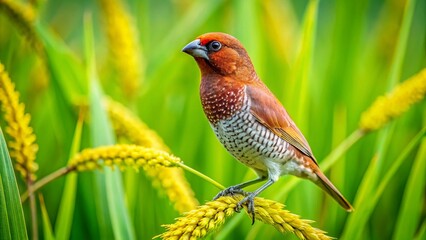 Scaly-breasted Munia Foraging in Rice Paddy - Candid Bird Photography