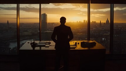 A silhouette of a businessman peering out a window at a cityscape bathed in the golden hues of sunset,考量ing the evolution of the city and the opportunities it holds.