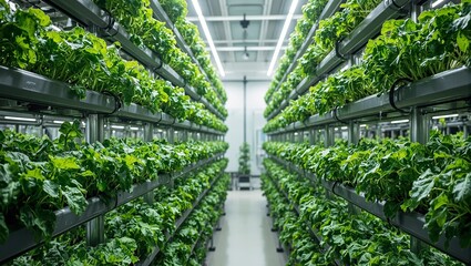 Modern indoor vertical farm with kale spinach and efficient irrigation systems under soft light