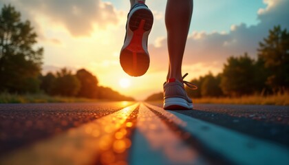Marathon runner crosses finish line at sunset. Feet, shoes in focus. Represents achievement, perseverance during tough times. Photo close-up. Dynamic moment. Success in race, life. Road runner