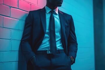 A man in a suit stands against a neon-lit brick wall, showcasing a stylish watch.
