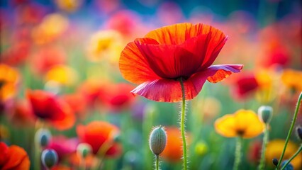 Obraz premium Scarlet Red Poppy Flower Field, Vibrant Summer Bloom, Copy Space Left