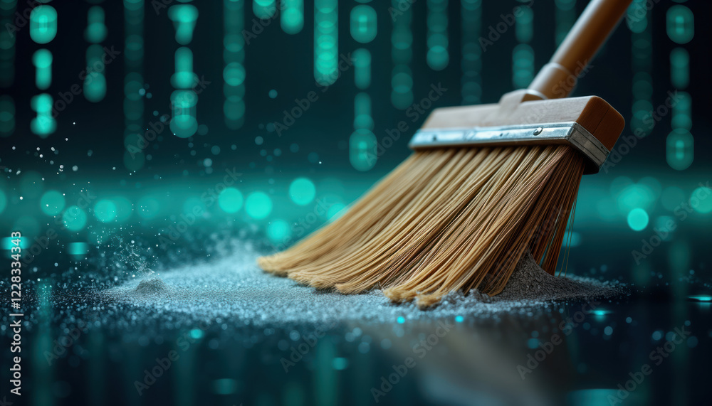 Aufkleber Broom sweeps away digital dust. Binary code background represents data. Cleaning data system. Futuristic concept. Modern tech transformation. Cyber security. Visual metaphor of software maintenance.