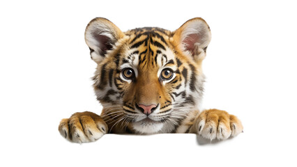 Obraz premium curious baby tiger peering over the edge of blank background