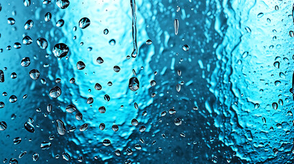 Close-Up of Water Droplets on Glass with Vibrant Blue Background for Fresh and Clean Vibes