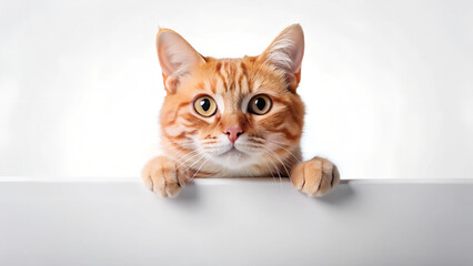 curious red cat peering over the edge of blank background