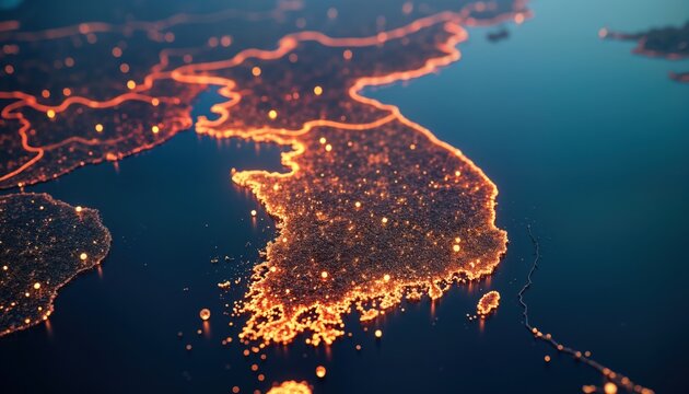 Korea highlighted on world map. Illuminated tech network shows urban areas, connectivity. Global geography with bright colorful lighting. Modern digital photo. International connections. High tech