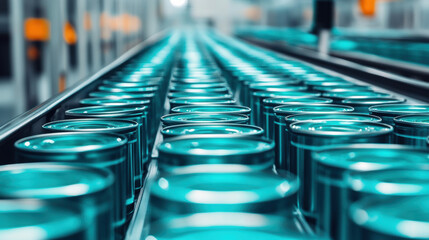 Obraz premium Canned tuna factory, A high-resolution image of freshly packed tuna cans on a production line, showcasing quality and efficiency in food packaging.