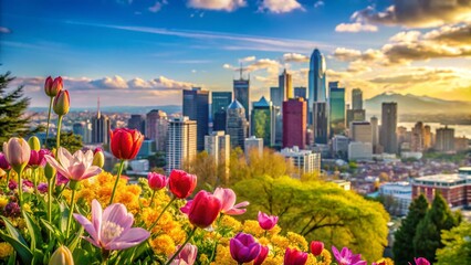 Seattle Spring Panorama: Queen Anne Hill Downtown View - Macro Photography