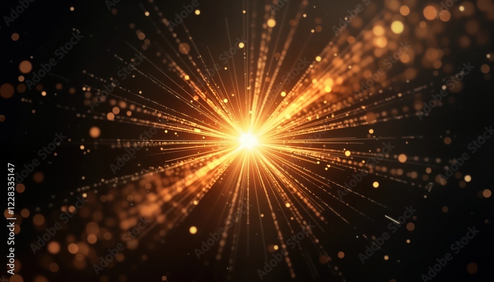 Poster abstract gold starburst. radiating rays and bokeh effects. bright golden light explosion on dark bac