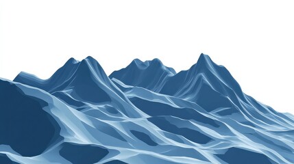 Abstract 3D representation of blue mountains with smooth waves and a white background