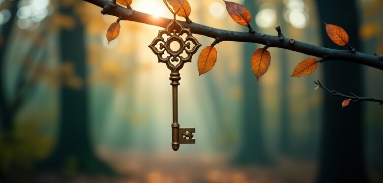 Golden vintage key hangs from branch in mystical forest. Autumnal leaves surround key. Mysterious, magical scene evokes secret garden hidden house. Beautiful natural abstract background. Suitable for - Powered by Adobe