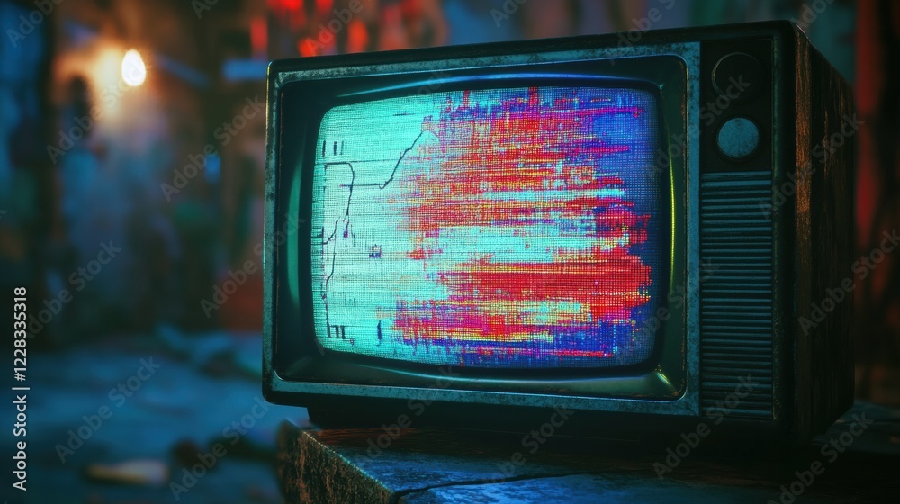 Poster retro television displaying static noise and colorful glitch patterns in a dimly lit room with a nos
