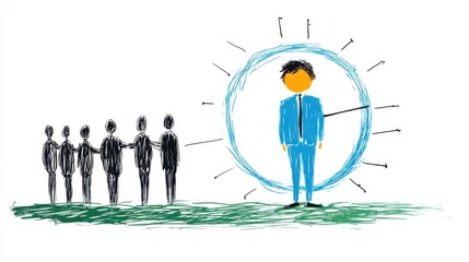 Fototapeta premium Confident Business Leader Surrounded by Unsure Figures in a Creative Illustration Depicting Influence and Leadership