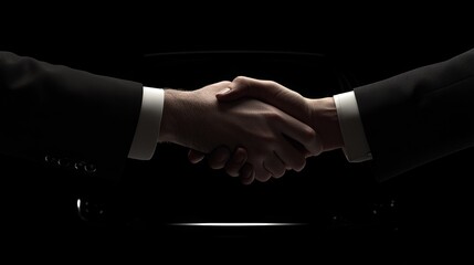 A handshake between business partners underscores trust and collaboration in the automotive sector, complemented by a modern car in the scene.