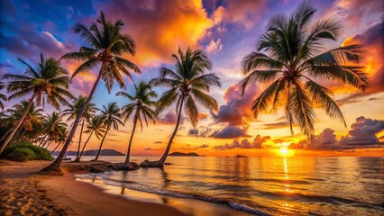 Serene Asian Sunset: Palm Trees Silhouette Against Vibrant Sky