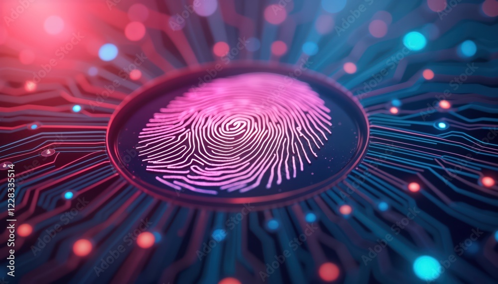Poster close-up view of biometric fingerprint authentication tech. glowing pink fingerprint image displayed