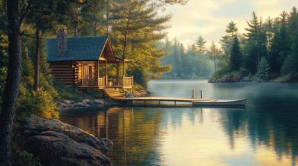 Fototapeta premium Log Cabin Lakeside Morning Peaceful Serenity