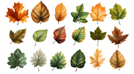 Obraz premium Group autumn leaves various shades green orange yellow png autum. Shaded Falls. Illustration