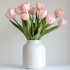 Elegant pink tulips in a minimalist white vase against a clean white backdrop, showcasing simplicity and floral beauty