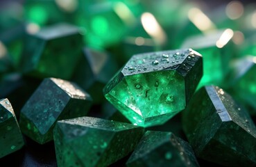 Closeup view of radiant emerald crystals. Intricate facets, deep green hues highlight natural beauty. Sparkling, shiny gemstones with wet texture in focus. Mineral rich rock with bright vibrant