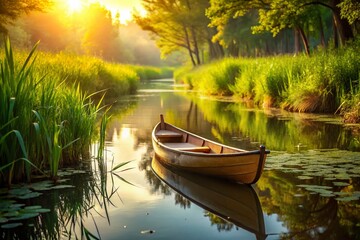Obraz premium Serene Canoe on Calm River, Lush Green Wetland Plants - Peaceful Nature Stock Photo