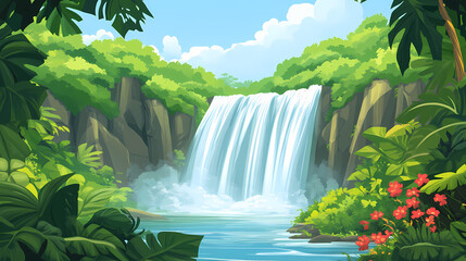 Majestic waterfall cascading down a lush green cliff into a river below, surrounded by vibrant foliage and a clear blue sky. Shaded Falls. Illustration